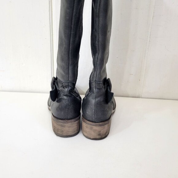 Circle G Distressed Black Leather Knee-High Boots With Buckle Detail & Stacked H - Picture 10 of 11